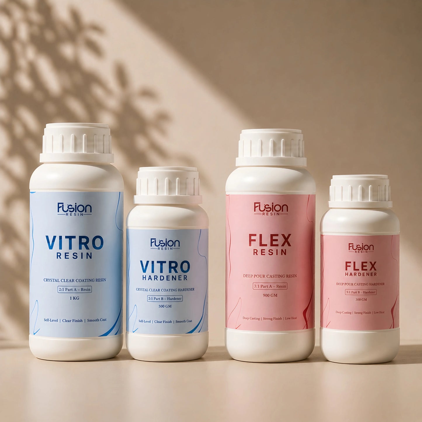 Fusion Resin Pro Bundle — Vitro 2:1 Coating Resin 1.5kg and Flex 3:1 Casting Resin 1.2kg, studio supply kit for professional Indian resin artists
