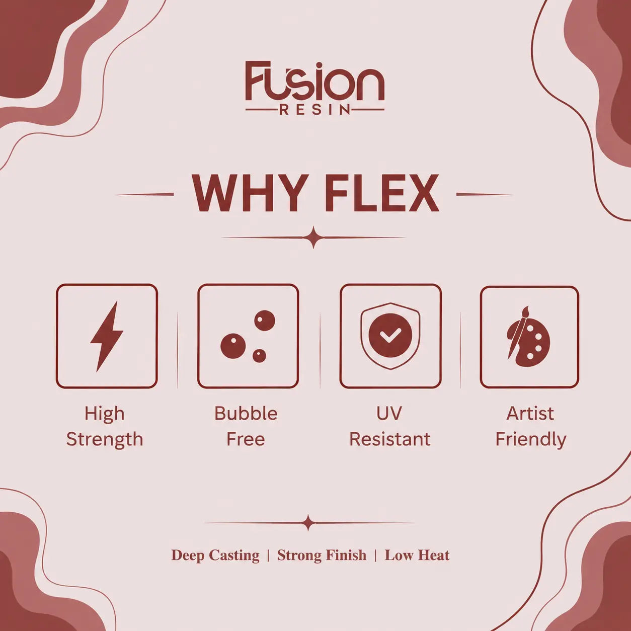 Benefits of Fusion Flex Resin including high strength, bubble-free casting, UV resistance and artist-friendly performance