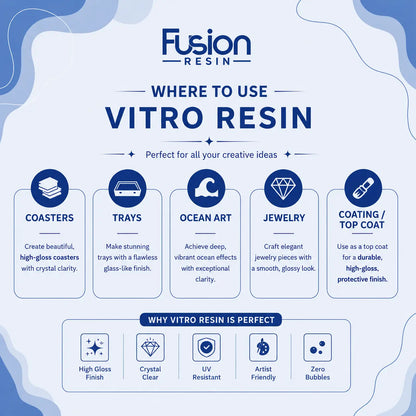 Uses of Fusion Vitro Resin for coasters, trays, ocean art, jewelry and protective coating projects.