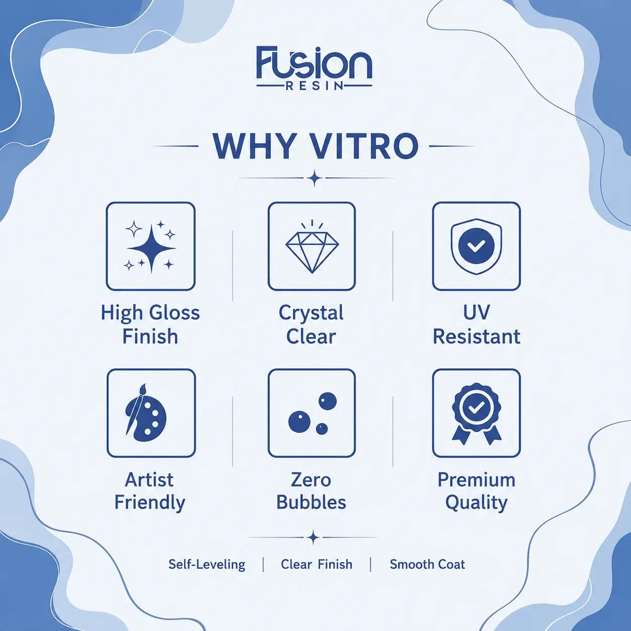 Benefits of Fusion Vitro Resin including crystal clear finish, UV resistance, high gloss and zero bubbles